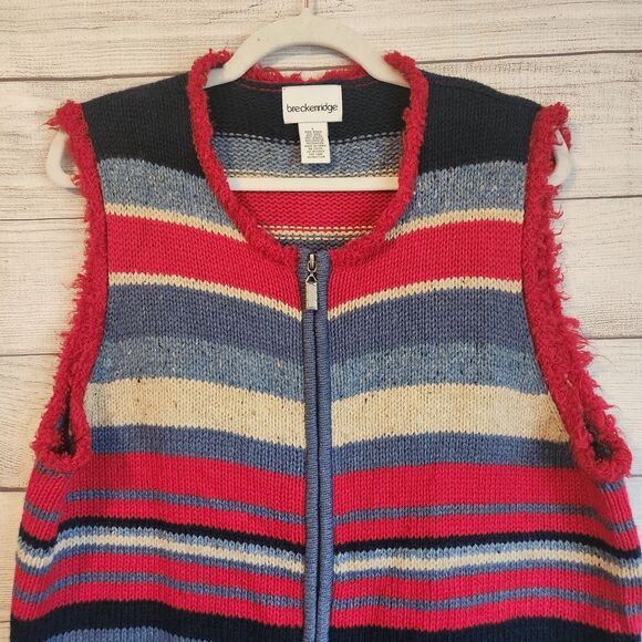Breckenridge L red striped ramie wool blend vintage Y2K zip cardigan - Picture 3 of 7